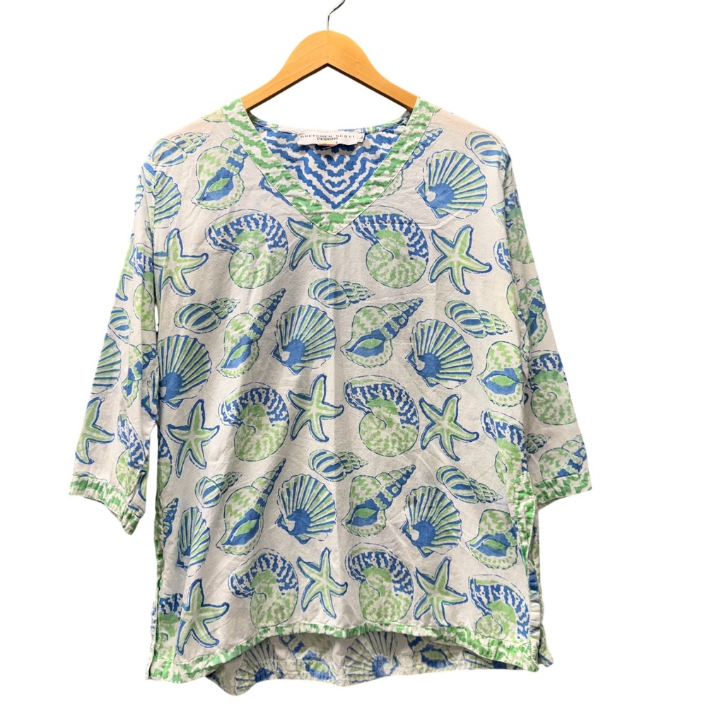 Gretchen Scott Blouse Womens L V-Neck Seashell Blue Green Coastal 3/4 Sleeve Top